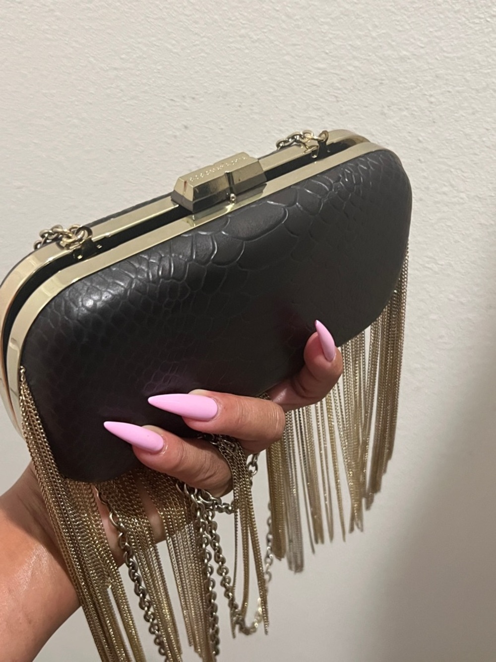 BCBGMaxAzria Black Snake-Embossed Clutch with Gold Fringe